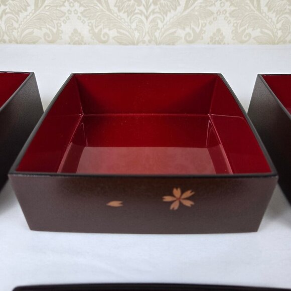 Japanese Jubako Stacked Box Brown w/Red Lacquer Interior Bunnies and Flowers - Picture 11 of 15
